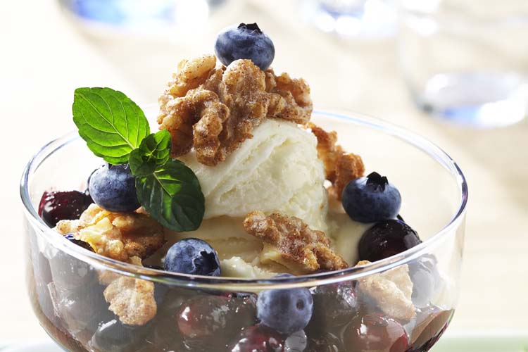 Frozen Yogurt Sundae with BC Blueberry Compote and Glazed Walnuts. Photo credit: BC Blueberries