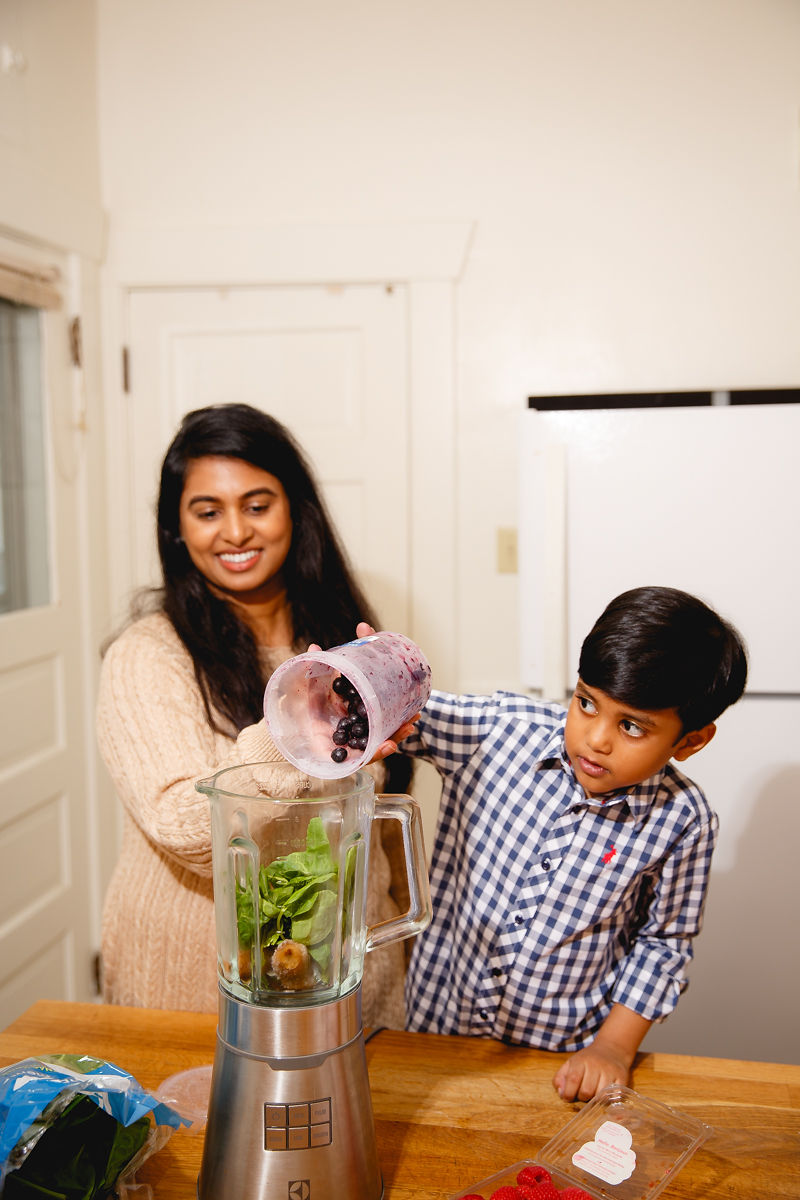 Mom and son making the BC Blueberry Breakfast Smoothie