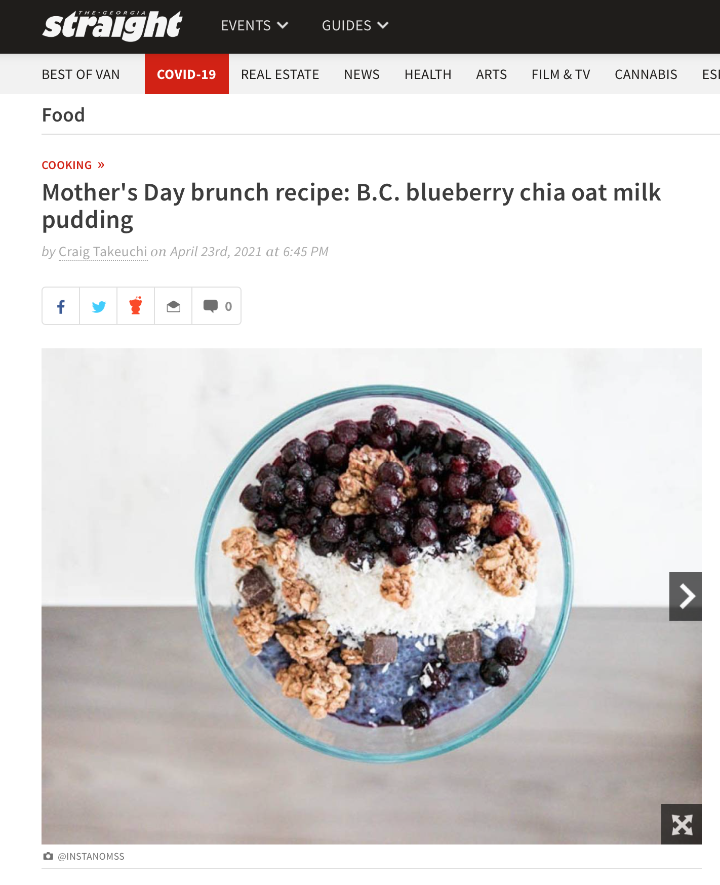"Mother's Day brunch recipe: B.C. blueberry chia oat milk pudding" article by Georgia Straight featuring BC Blueberries