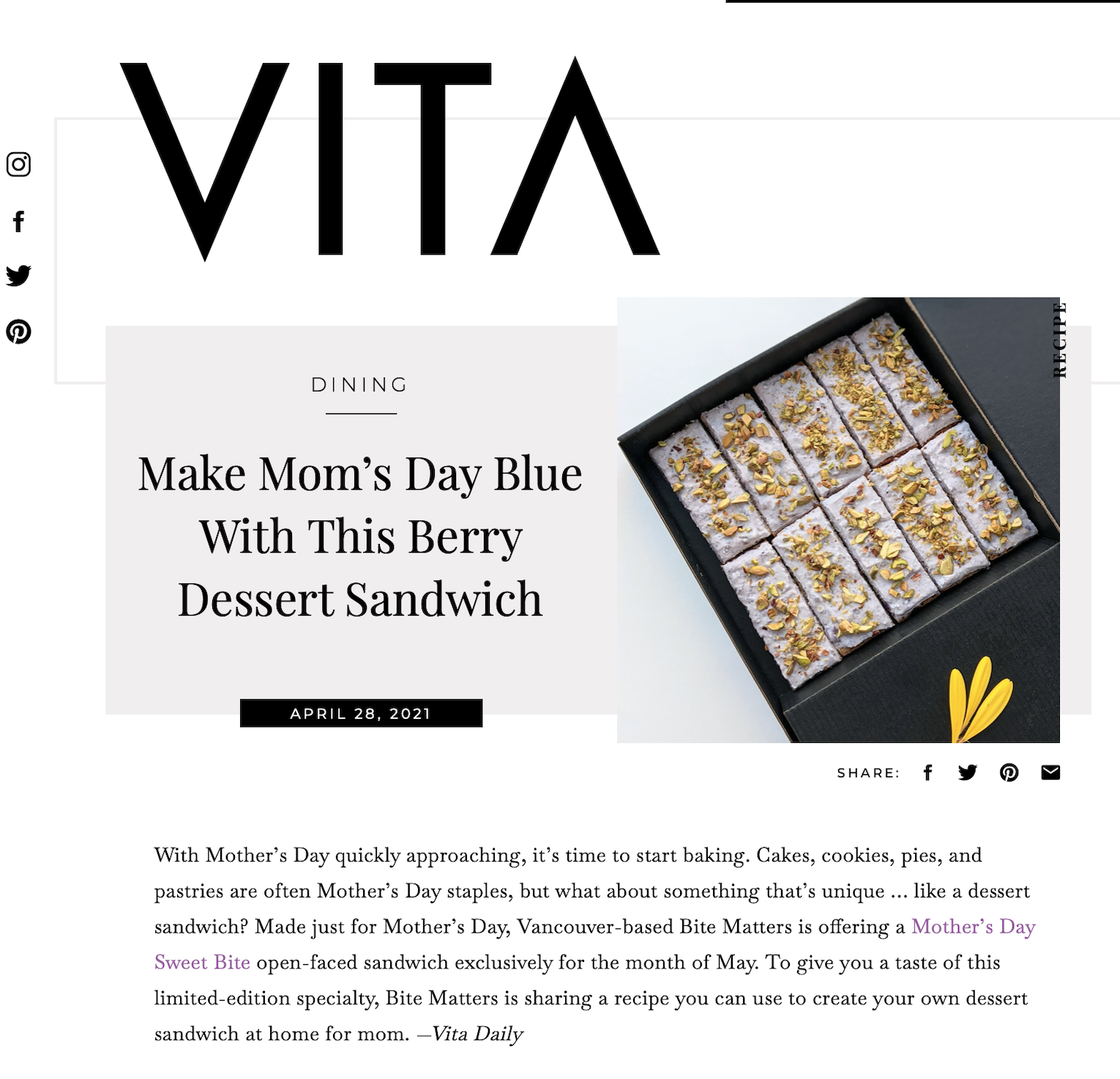 "Make Mom’s Day Blue With This Berry Dessert Sandwich" article by VITA Daily featuring BC Blueberries