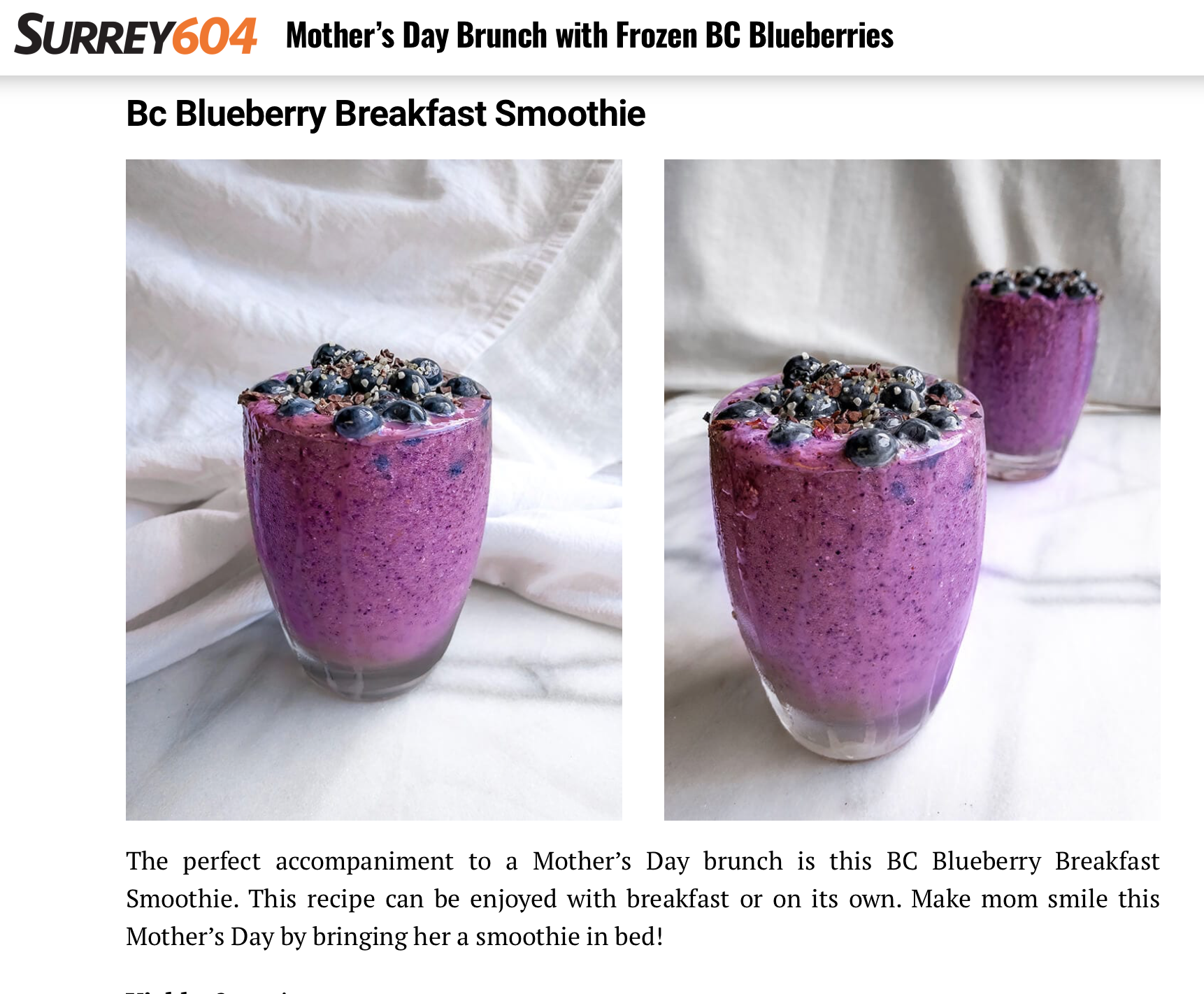 "Mother’s Day Brunch with Frozen BC Blueberries" article by Surrey 604 featuring BC Blueberries