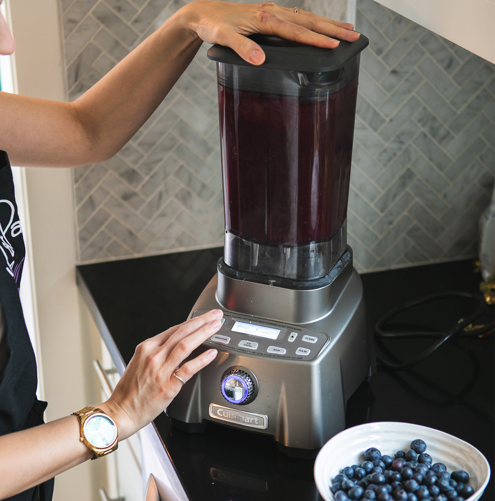 BC Blueberry Margarita in a blender. Photo credit BC Blueberries.