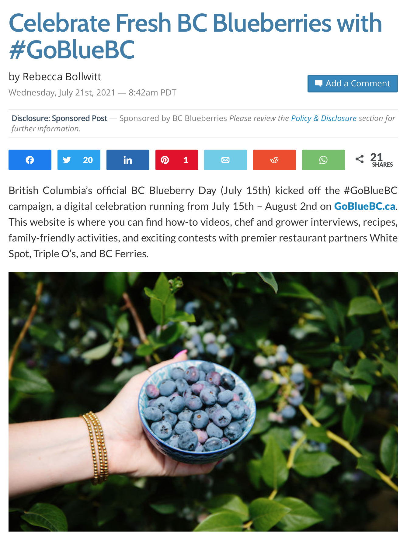 Miss 604 and BC Blueberries. Photo credit Miss 604.