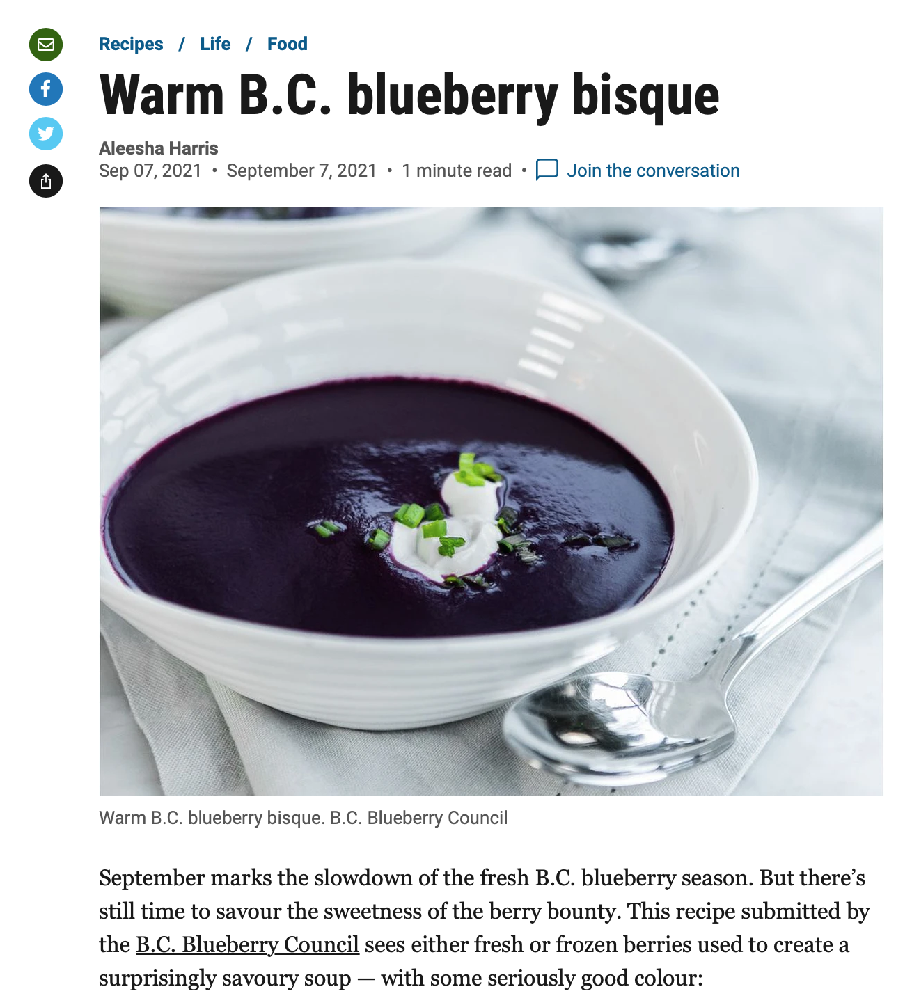 Warm BC Blueberry Bisque. Photo credit Vancouver Sun