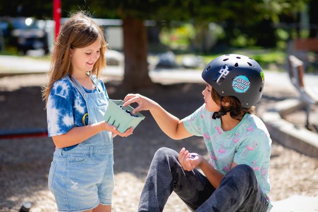 teens picking from container of blueberries in park